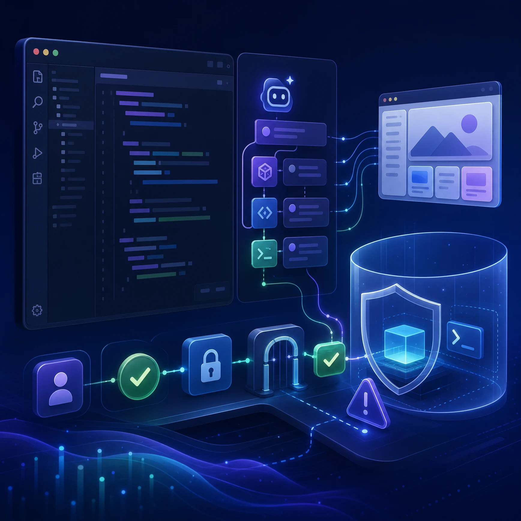 Схема безпечного AI-agent workflow у VS Code з браузером, трейсами та sandbox