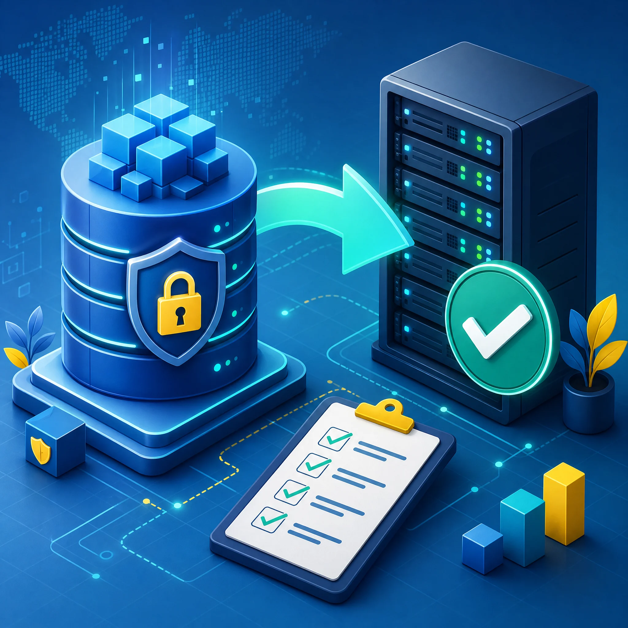 Схема backup restore test: резервна копія проходить контрольне відновлення у тестовий сервер із позначкою успішної перевірки