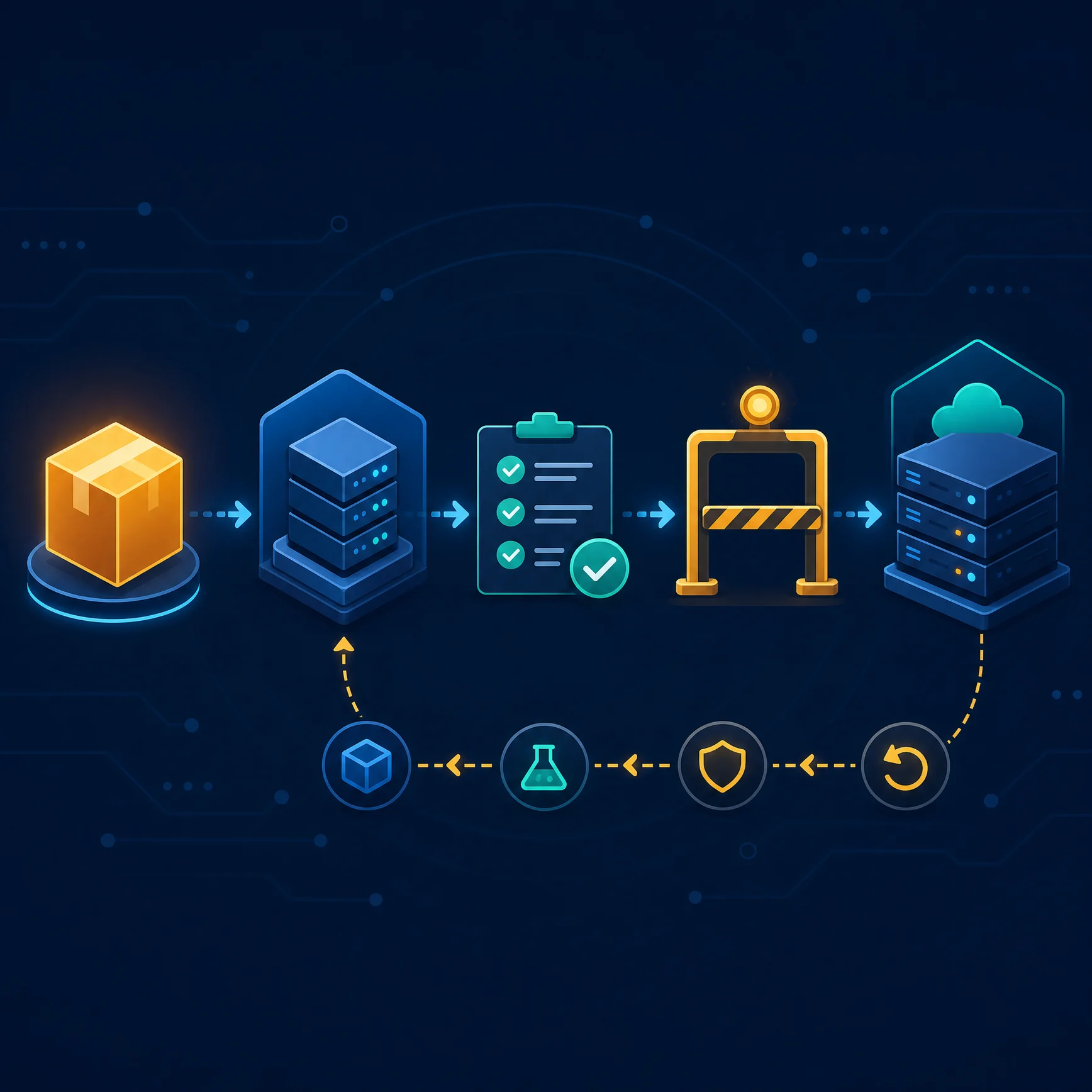 Схема deploy pipeline від артефакту через staging і smoke test до production