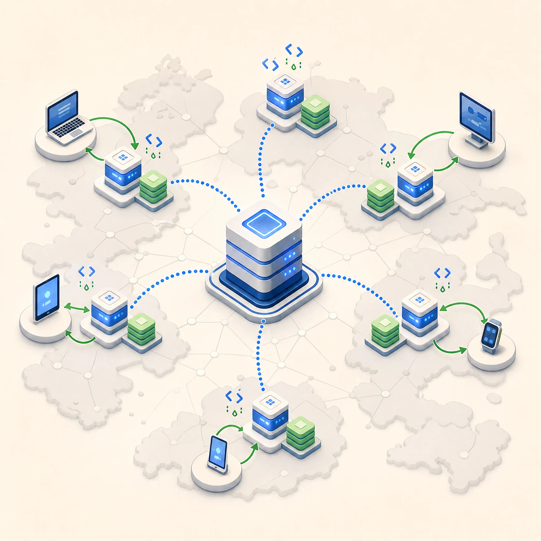 Схема edge computing: користувачі отримують відповіді від ближчих edge-вузлів, а origin server лишається центром системи